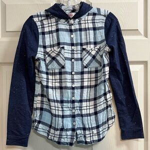Justice Girl's Blue Glitter Plaid Hoodie Shirt -  Size 14 - VGUC